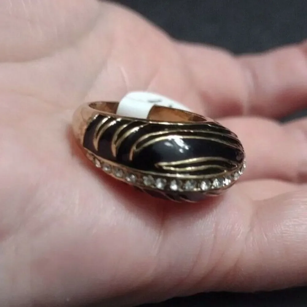 Gold tone black enamel rhinestone ring size 6.5